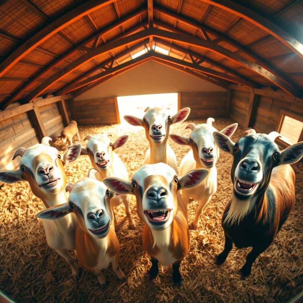A joyful image capturing several goats in a candid moment of silliness and laughter. Set in a picturesque, sun-drenched barn filled with straw, the goats are arranged in a circular fashion with bright smiles and animated features. The camera angle is from above, showcasing their interactions. Warm lighting envelops the scene, providing a cozy, welcoming atmosphere that's perfect for celebrating their amusing charms.
