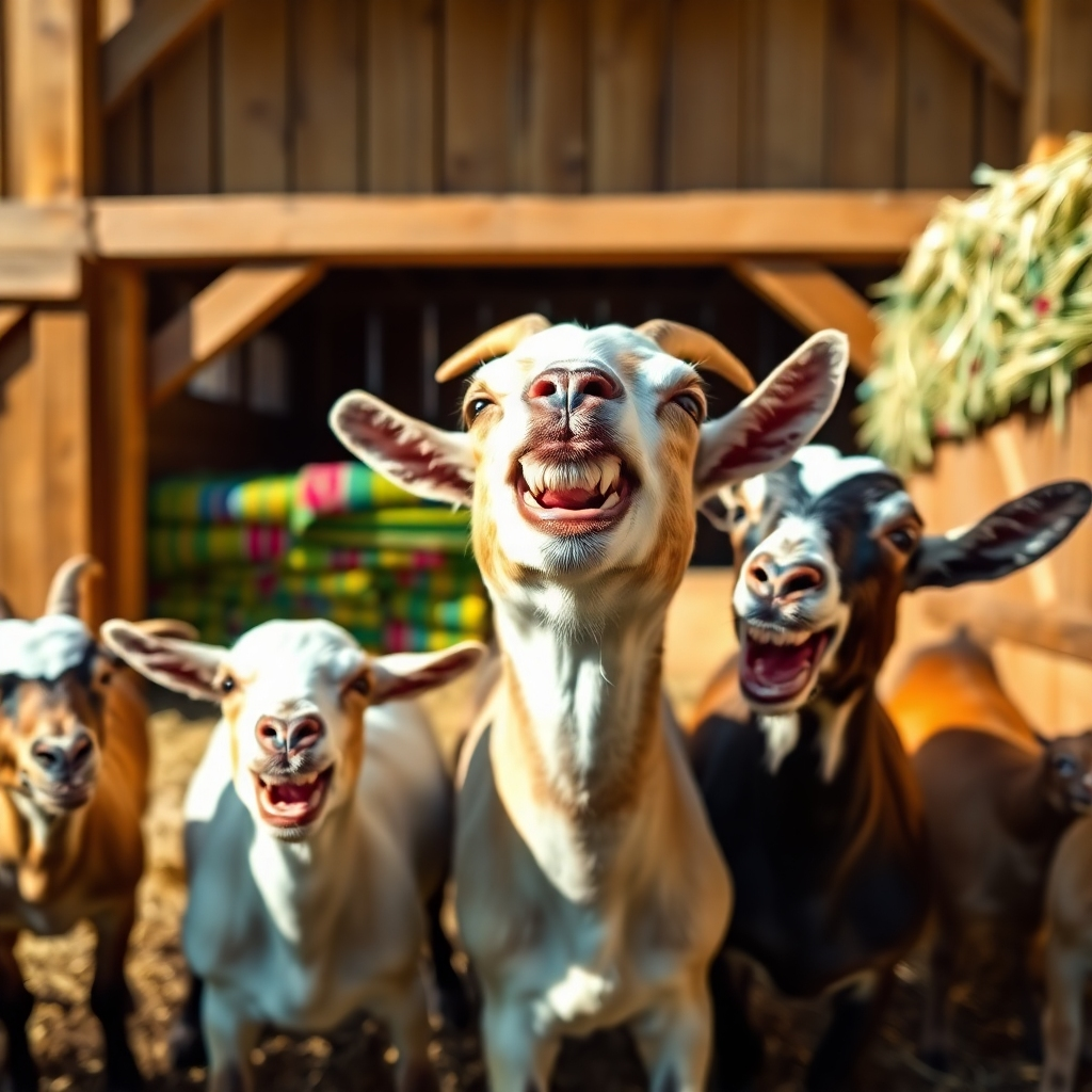 A lively scene of laughing goats in a sunny barnyard, where one goat is mid-laugh, showcasing its playful personality. Beautiful wooden textures of the barn provide warm tones, while colorful hay bales add pops of color. The lighting is bright, enhancing the warm feel of the setting. A close-up shot captures the unique expressions of these joyful creatures as they interact with each other, etched in high detail to highlight their playful antics.