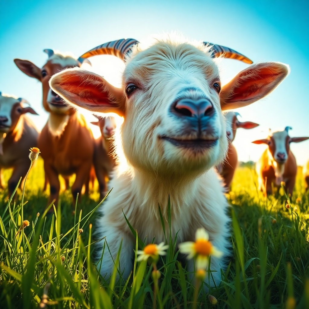 A photorealistic representation of a fainting goat in mid-fall, surrounded by surprised friends. The scene is set in a sunny pasture, with golden sunlight illuminating the goat's fluffy coat. The camera angle is low, nearly at ground level, capturing the expressions of the other goats watching in astonishment. The grass is lush and green, and a few wildflowers add color to the scene. The whimsical atmosphere is enhanced by a clear blue sky, providing a bright and cheerful backdrop.