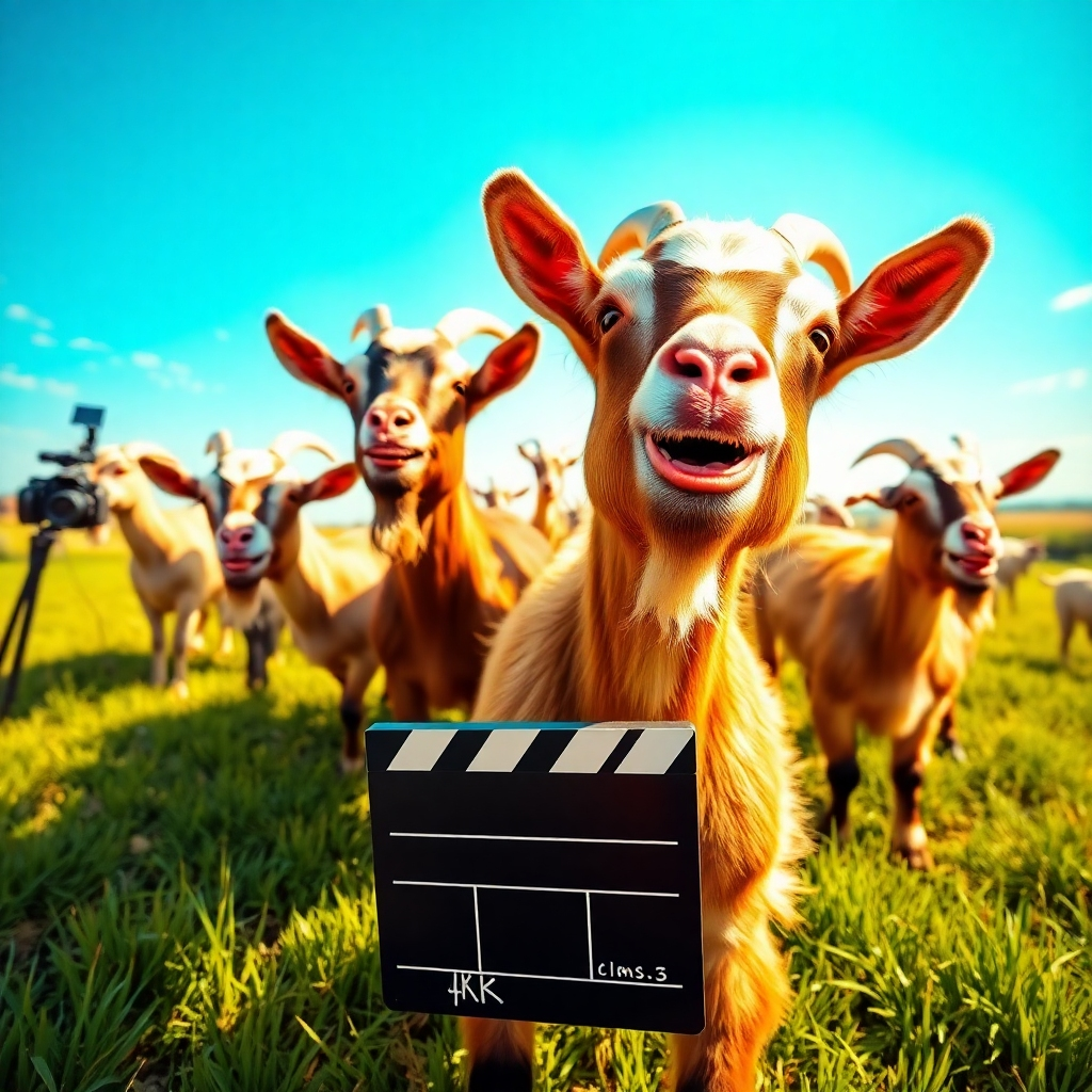 An engaging and photorealistic or stylized image illustrating the mission of funnygoats.com. The scene shows a montage of fainting goats, laughing goats, and other funny moments in a bright, cheerful setting. The composition balances vivid colors, emphasizing the playful atmosphere with blue skies and green fields. The lighting is warm and inviting, highlighting the textures of the goats' fur and the grass beneath them. A wide-angle camera captures multiple goats in various humorous poses, creating a sense of movement and energy. Props like cameras and a film clapperboard can be subtly included, reinforcing the content creation theme. Rendered in high quality with 4K resolution, this image encapsulates the fun and joy that our videos represent.
